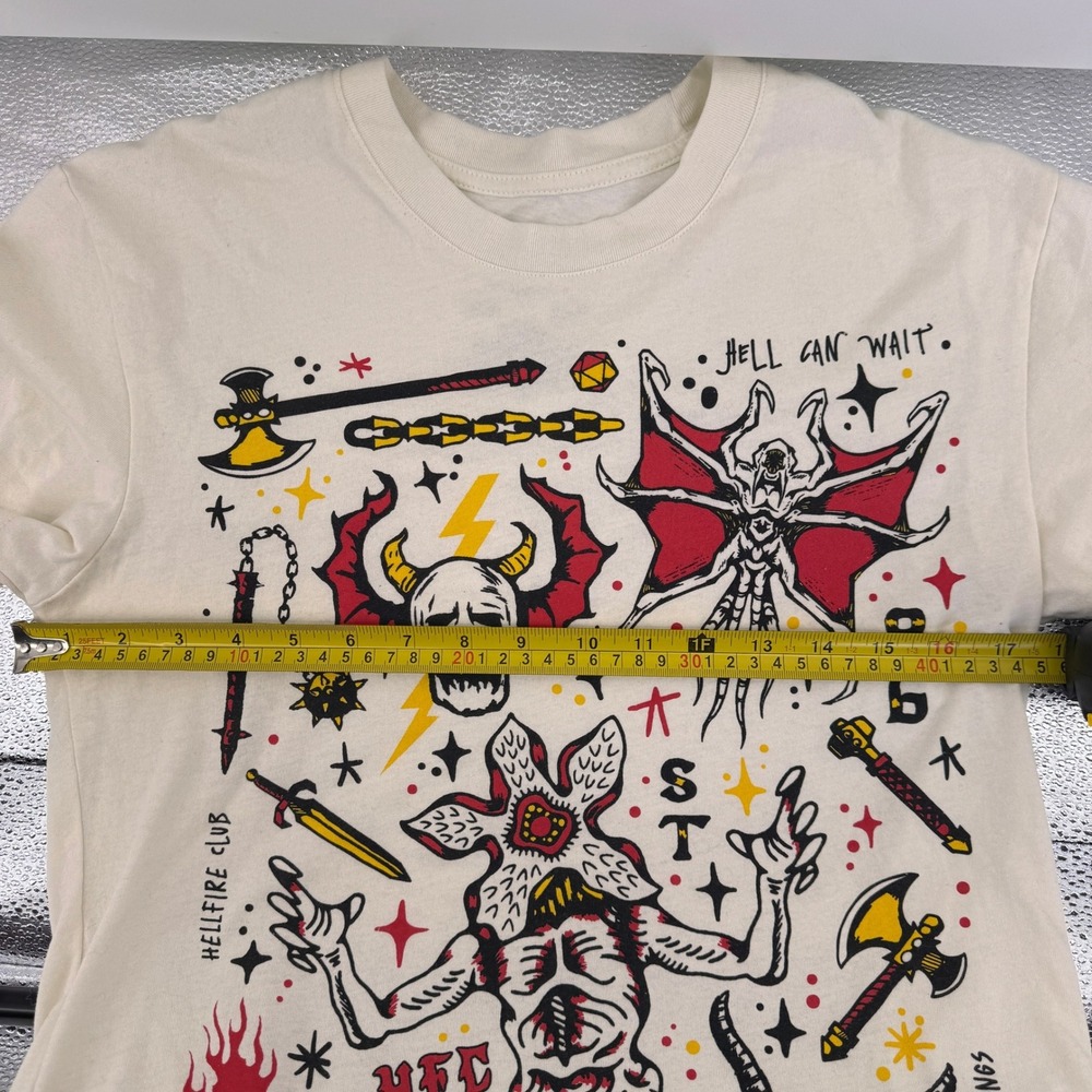 Stranger Things Hellfire Club T-Shirt Cream Tattoo Graphic S1L008BUAFW Small - Picture 2 of 5